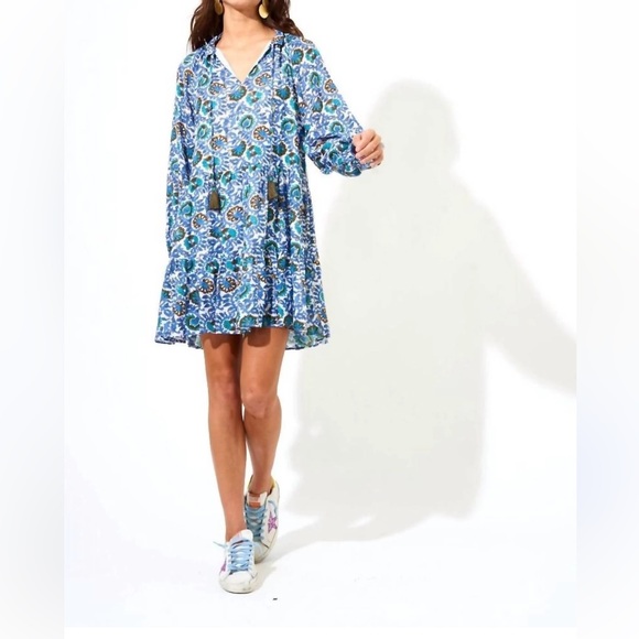 Oliphant Dresses & Skirts - OLIPHANT Metallic Clip Balloon Sleeve Tip Split Neck Mini Dress SZ Medium Blue